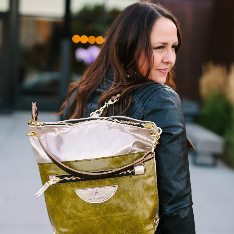 Urban Edge Collection | Backpack Shoulder Tote | Champagne Steel + Olive Leaf