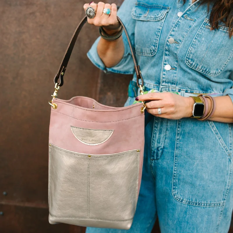 Urban Edge Collection | Train Shoulder Tote + Crossbody | Distressed Pink Jade + Champagne Steel