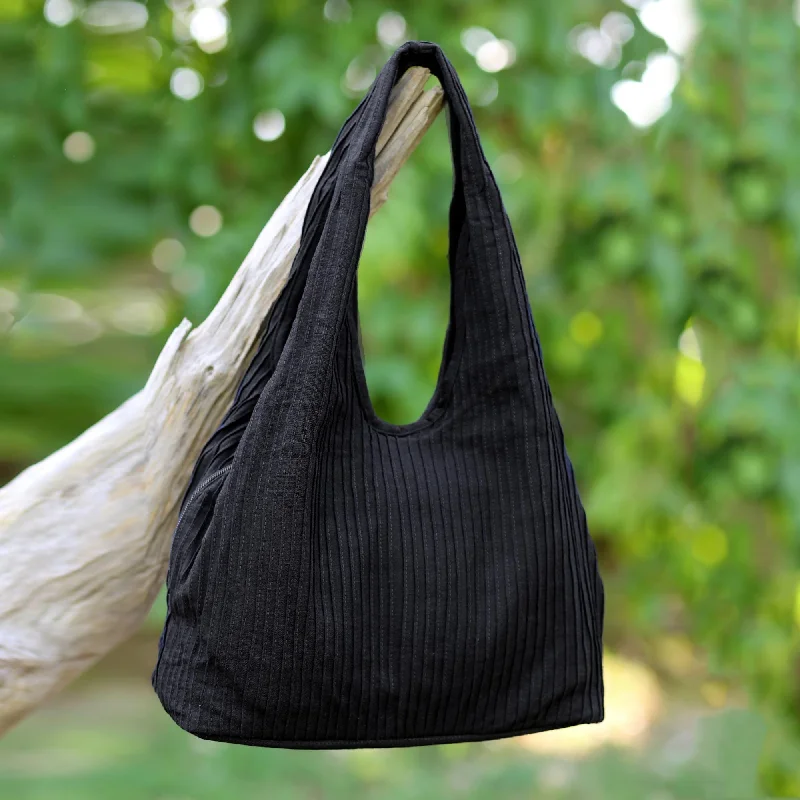 High-Quality Bags On Flash Sale 100% Cotton Textured Shoulder Bag in Black from Thailand - Thai Texture in Black