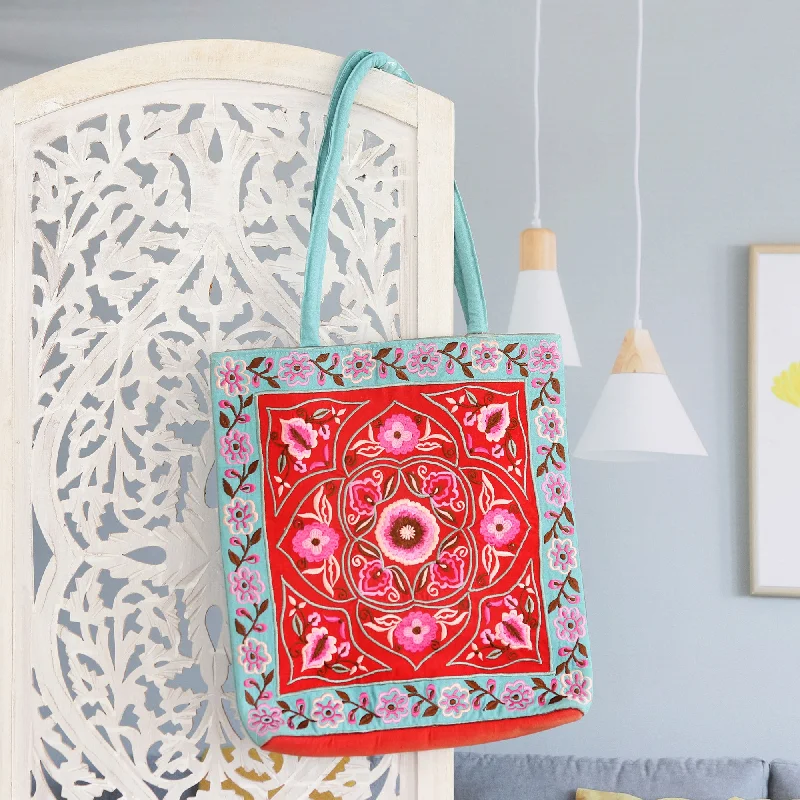 Bags With Tsa-Approved Features Artisan Crafted Embroidered 100% Cotton Floral Shoulder Bag - Floral Emblem