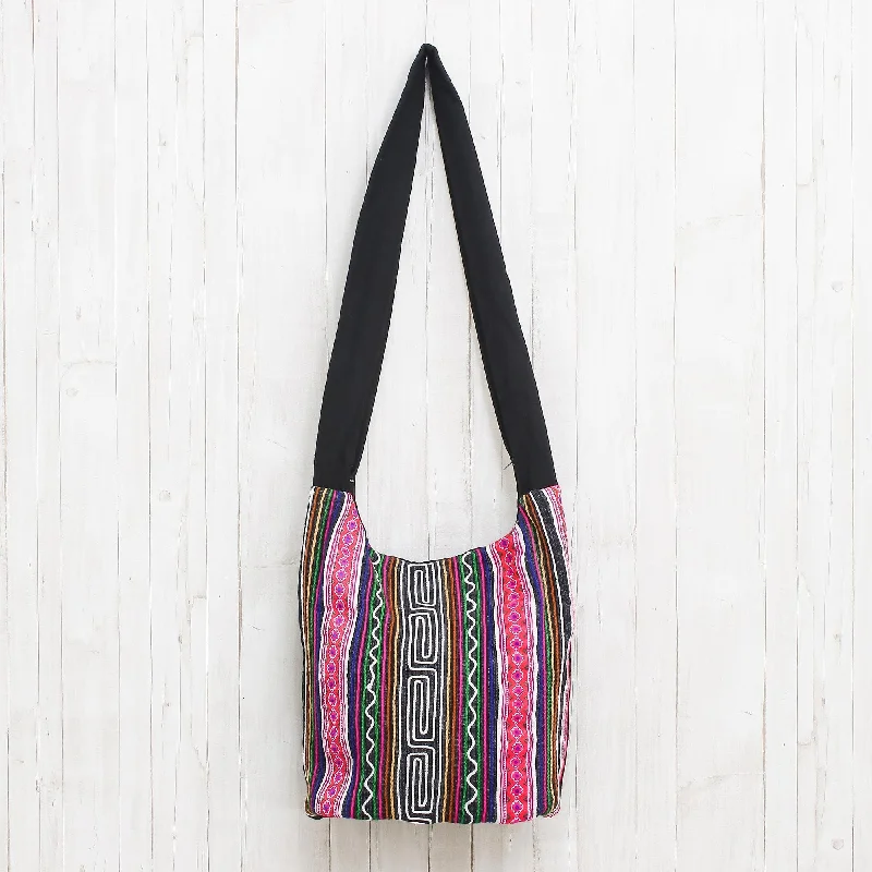 Compact Bags For Minimalist Travelers Black and Multi-Color Embellished Cotton Blend Shoulder Bag - Vibrant Energy