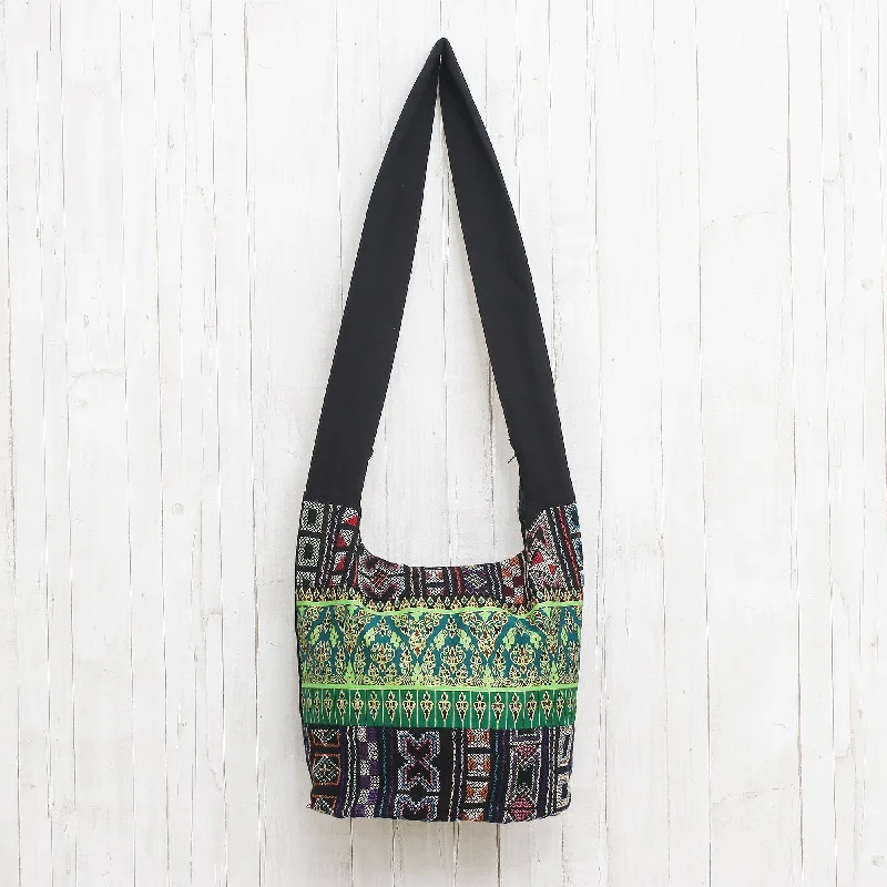 Minimalist Bags For Clean And Modern Aesthetics Black and Multi-Color Patterned Cotton Blend Shoulder Bag - Vibrant Gardens