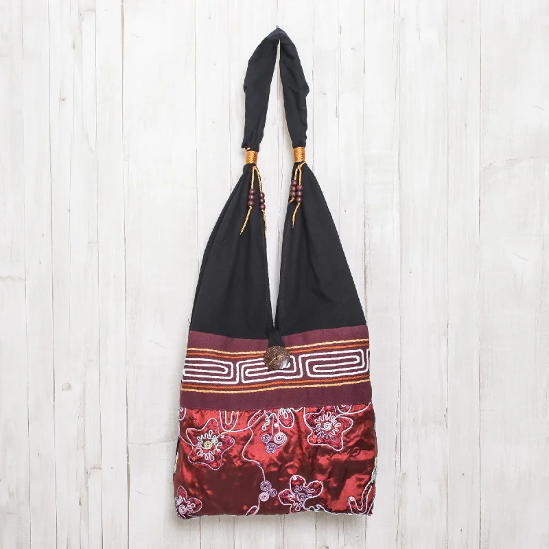 Bags With Tsa-Approved Features Black and Red Cotton with Floral Pattern Shoulder Bag - Glittering Red Flower