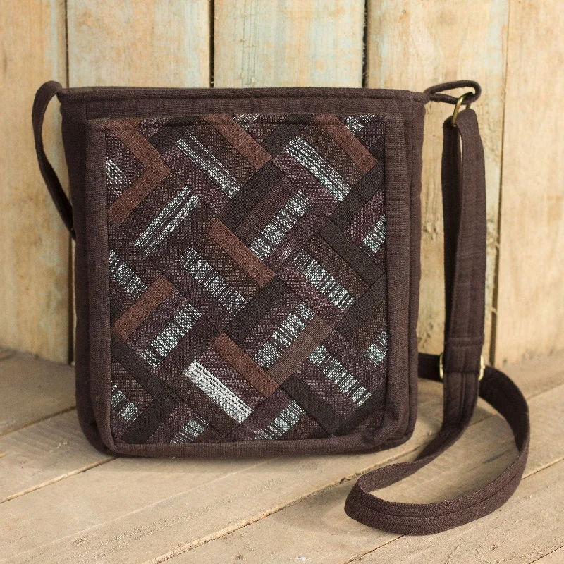 Senior Travelers Cotton Thai Applique Dark Brown Shoulder Bag with 3 Pockets - Dark Brown Siam