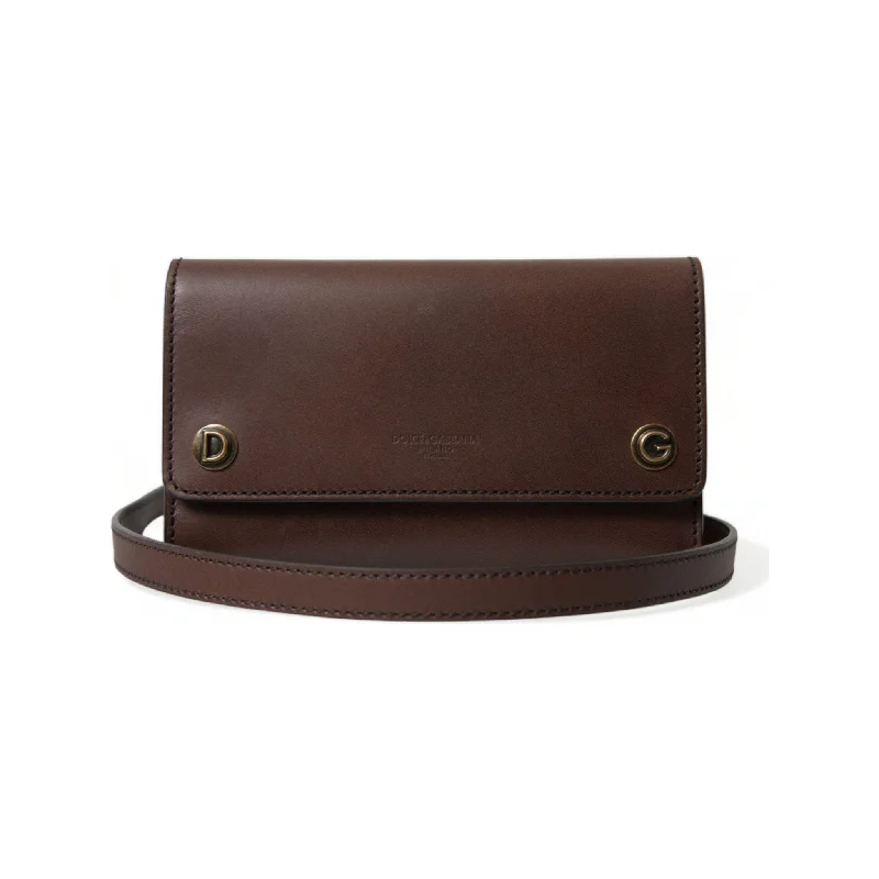 Spacious And Discounted Bags Dolce & Gabbana Chic Brown Leather Shoulder Bag with Gold Detailing