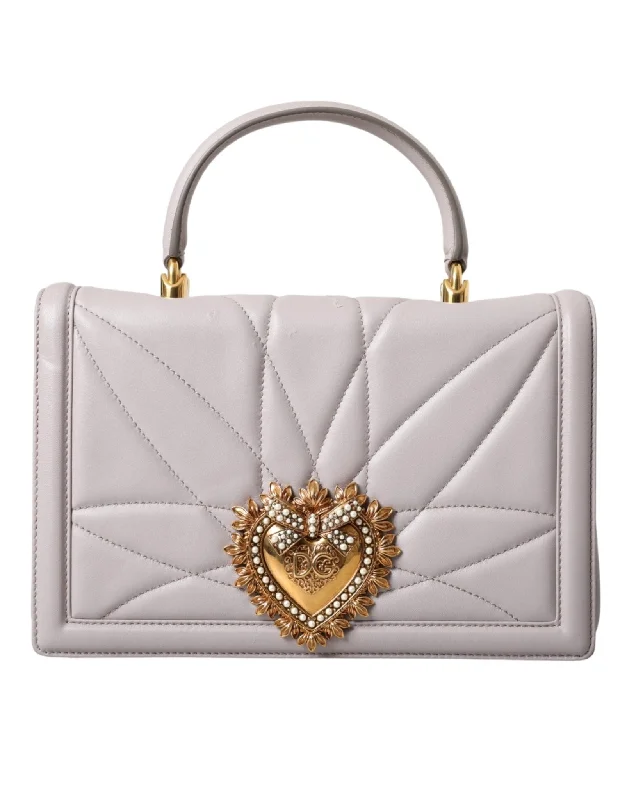 Luxury Bags Dolce & Gabbana Light Gray Devotion Gold Heart Leather Shoulder Bag