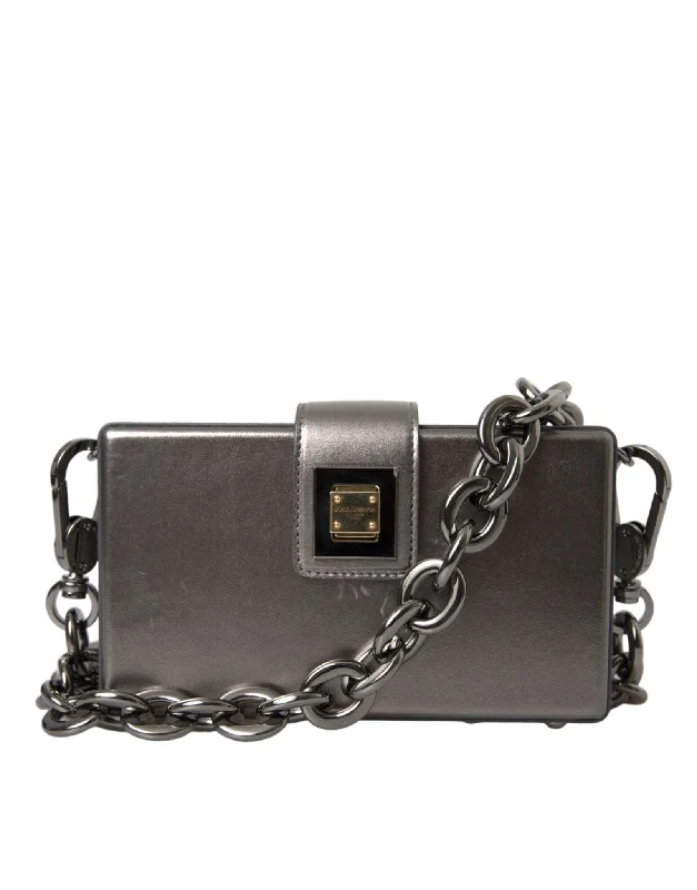 Affordable Bags For College Students On Sale Dolce & Gabbana Metallic Gray Calfskin Leather DG BOX Shoulder Bag