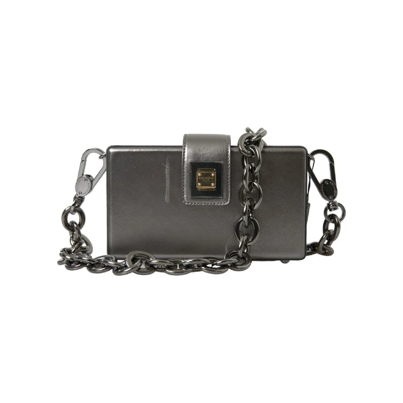 Flash Sale On Premium Bags Dolce & Gabbana Metallic Gray Calfskin Shoulder Bag with Chain Strap