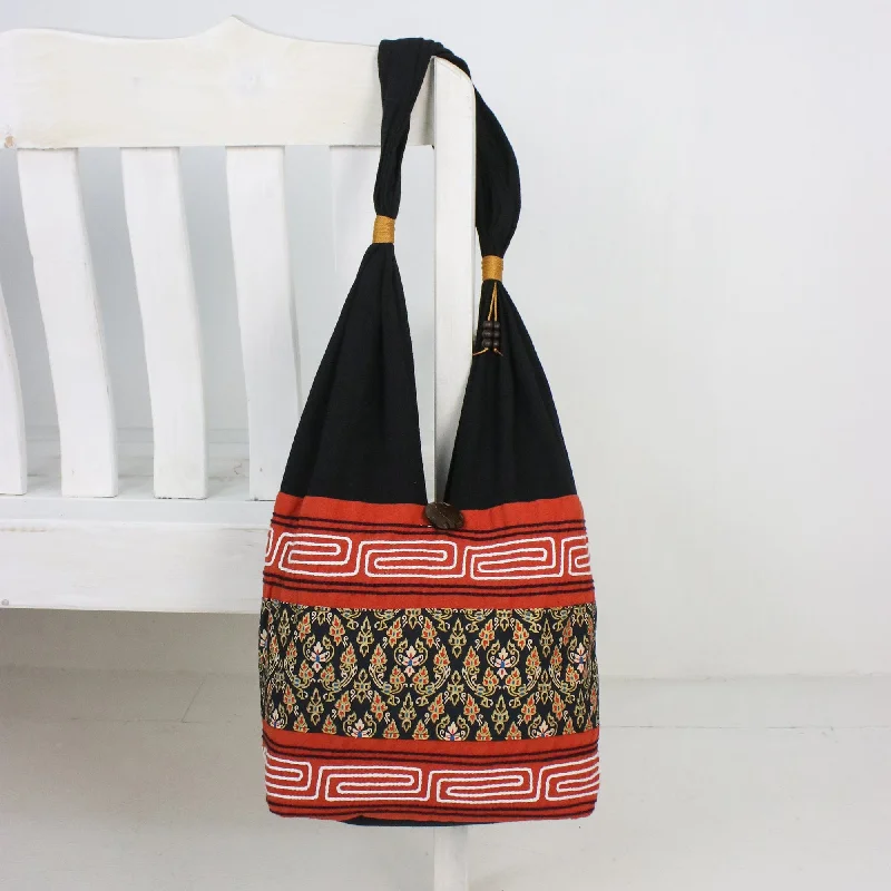 Bags With Limited-Time Deals Floral Cotton Blend Shoulder Bag in Paprika from Thailand - Charming Thai in Paprika