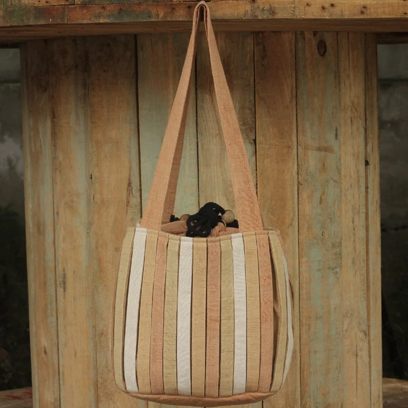 Bags For Playful And Chic Styles Hand Woven Wool Shoulder Bag with 3 Pockets in Brown and Tan - Orient Tan
