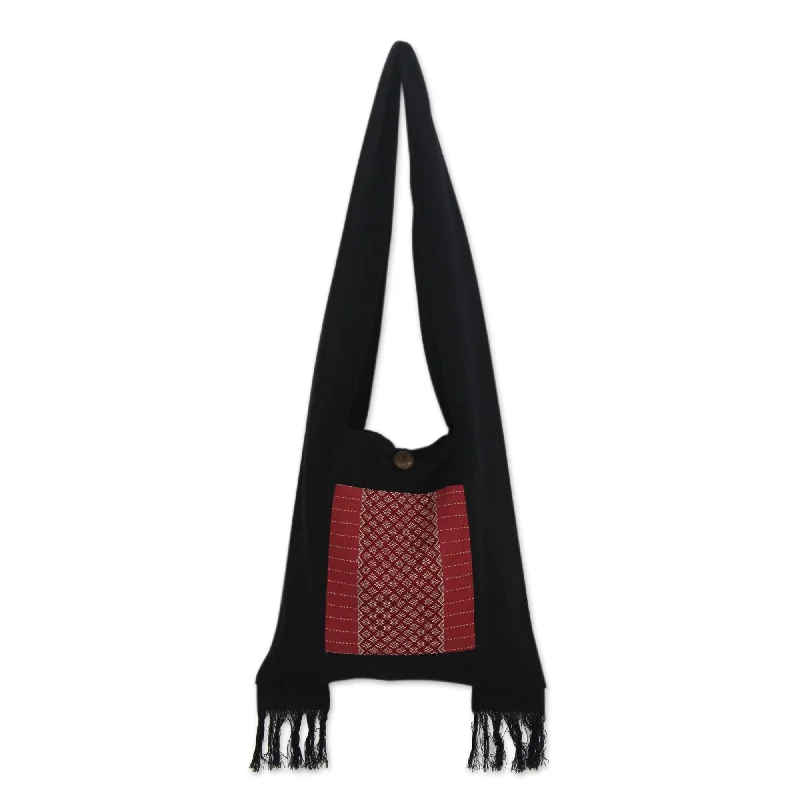 Professional Bags With Office Discounts Handwoven Red and Black Shoulder Bag with Fringe - Crimson
