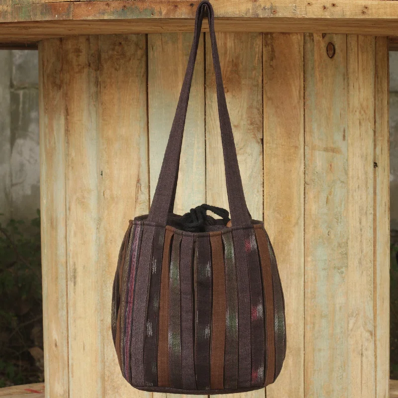 Limited Edition Bags For Collectors Ikat Style Hand Woven Cotton Shoulder Bag with Pockets - Oriental Dark Brown