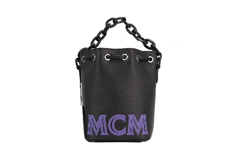 Tsa-Approved Bags For Hassle-Free Airport Security MCM Mini Black Purple Smooth Leather Chain Shoulder Drawstring Bucket Handbag