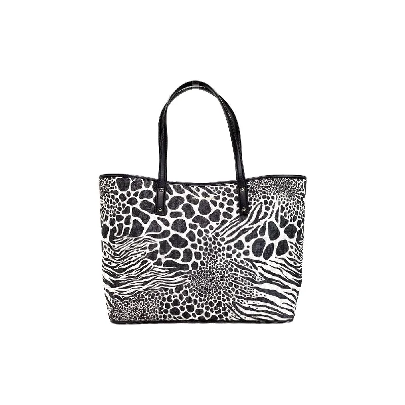 Luxury Bags On Sale Michael Kors Carter Large Black Animal Print PVC Open Tote Shoulder Purse Bag