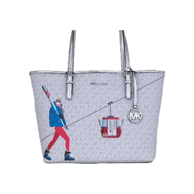 Bags With Seasonal Sales Michael Kors Jet Set Girls Print Medium Signature PVC Carryall Shoulder Tote Handbag (Bright White Multi)