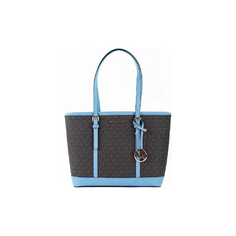 Inspired Bags For High-End Fashion Michael Kors Jet Set Travel Small Pale Blue Brown PVC Shoulder Tote Bag Purse