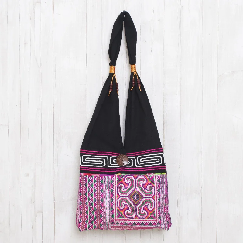 Flash Sale On Premium Bags Pink and Black Boho-Chic Cotton Shoulder Bag from Thailand - Thai Brilliance