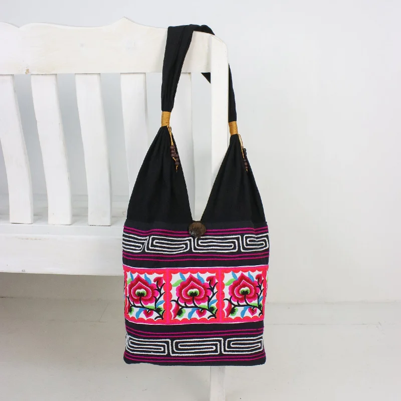 Halloween-Themed Pink Floral Cotton Blend Shoulder Bag from Thailand - Thai Flora