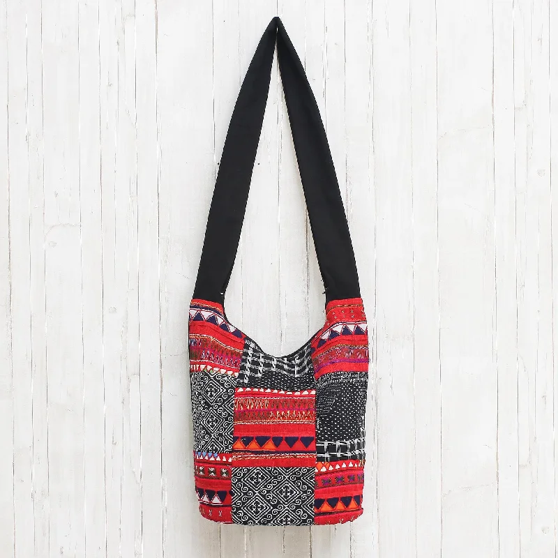 Bold Fashionistas Red and Black and White Patchwork Cotton Blend Shoulder Bag - Patchwork Perfection