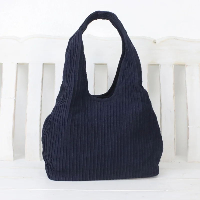 Affordable Bags For College Students On Sale Textured Cotton Shoulder Bag in Midnight from Thailand - Thai Texture in Midnight