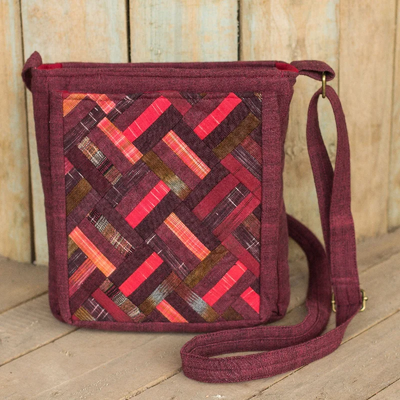 Affordable Bags For Budget Shoppers Thai Applique Red Cotton Shoulder Bag with 3 Pockets - Red Siam