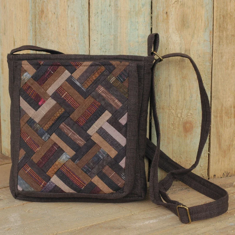 Clearance Bags For Budget Shoppers Thai Applique Shoulder Bag in Brown Cotton and 3 Pockets - Brown Siam