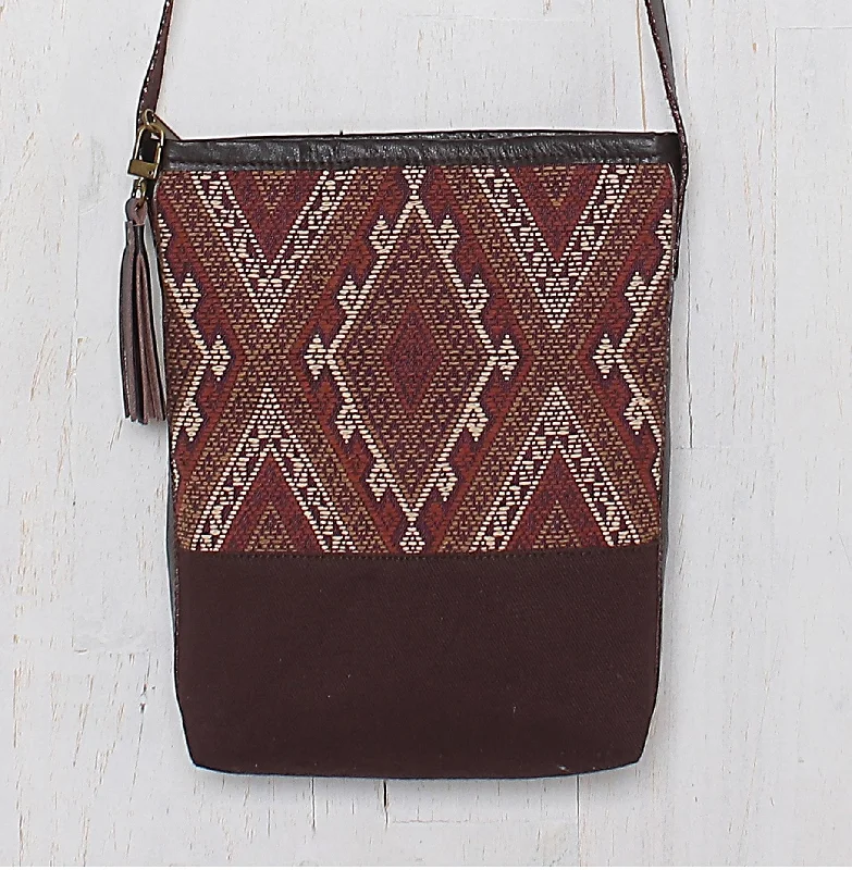 Tote Bag For Everyday Use Thai Handwoven Cotton Shoulder Bag with Leather Accents - Northern Thai Charm