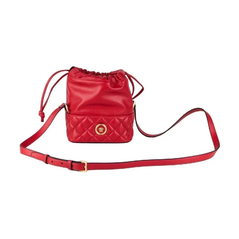Stylish Yet Affordable Bags Versace Red Quilted Leather Drawstring Shoulder Bag Bucket Crossbody Handbag