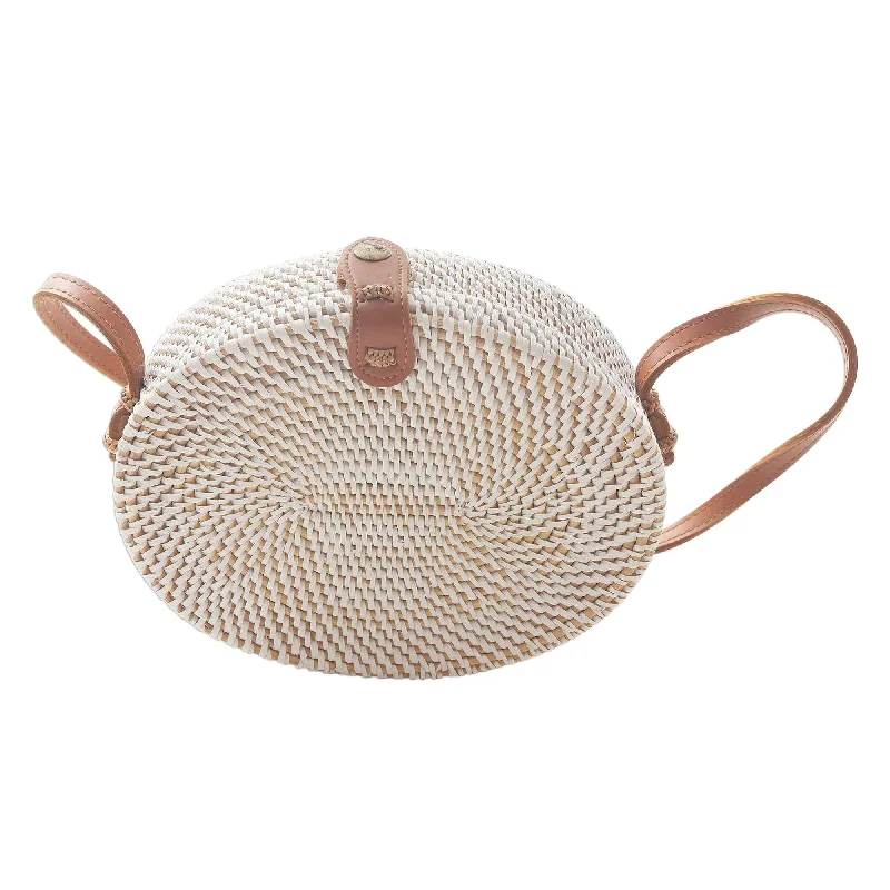Chic Bags For Office Professionals And Urban Dwellers White Oval Bamboo Shoulder Bag with Faux Leather Strap - White Island Oval