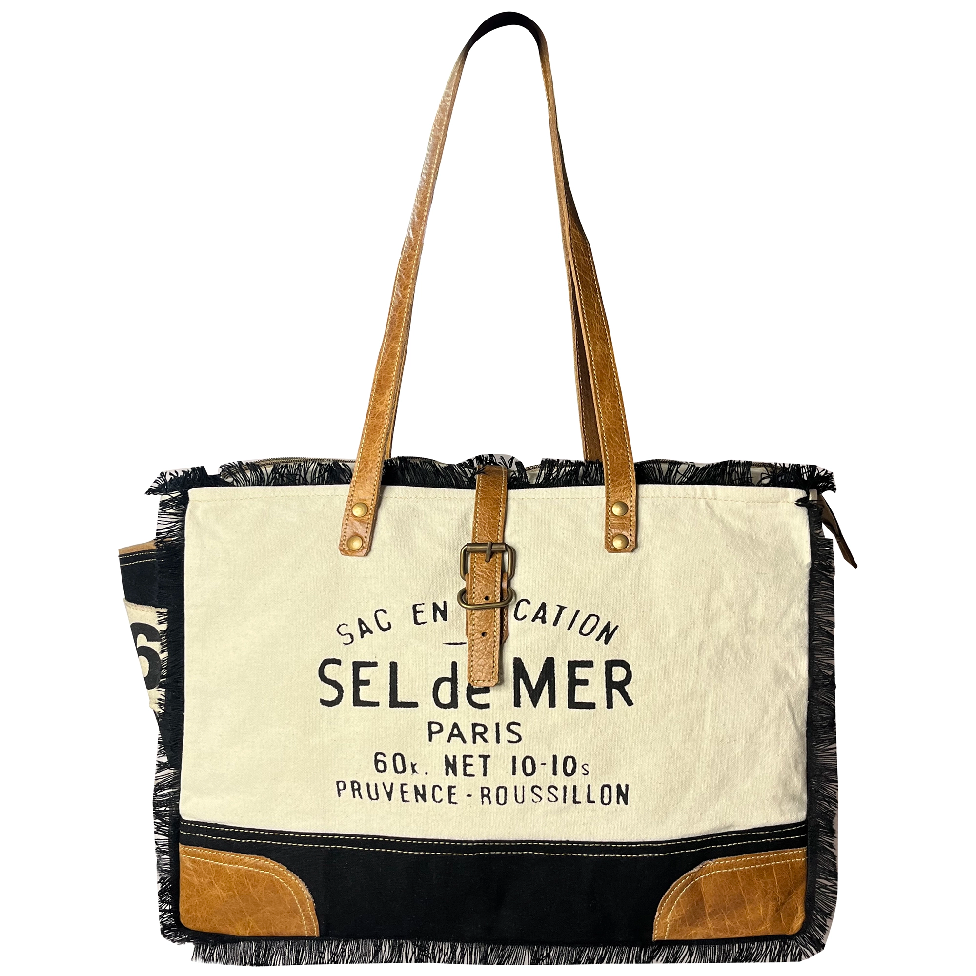 Leather Canvas Tote Bag for Women - Sel de Mer French-Inspired Shoulder Bag, Black