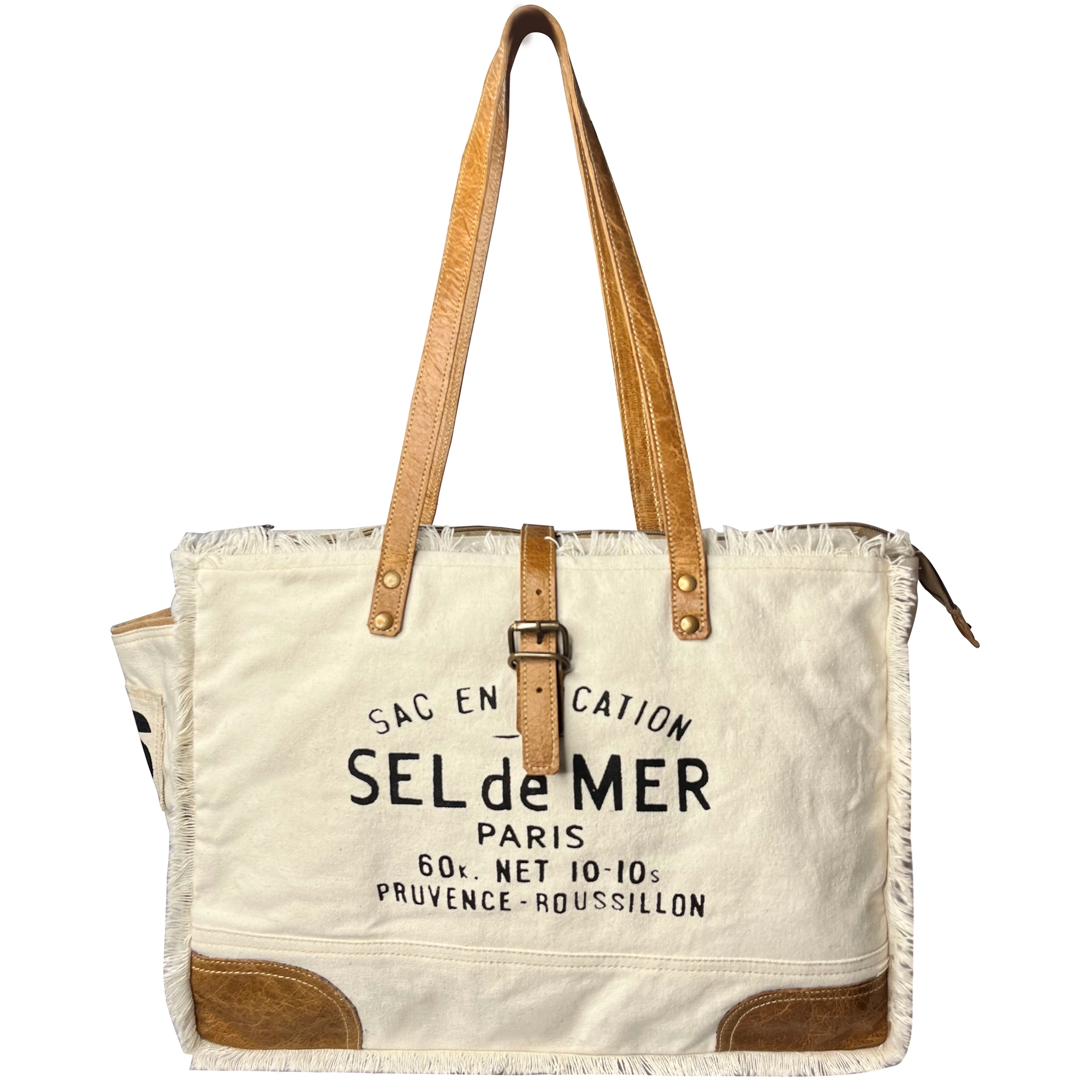 Leather Canvas Tote Bag for Women - Sel de Mer French-Inspired Shoulder Bag, White