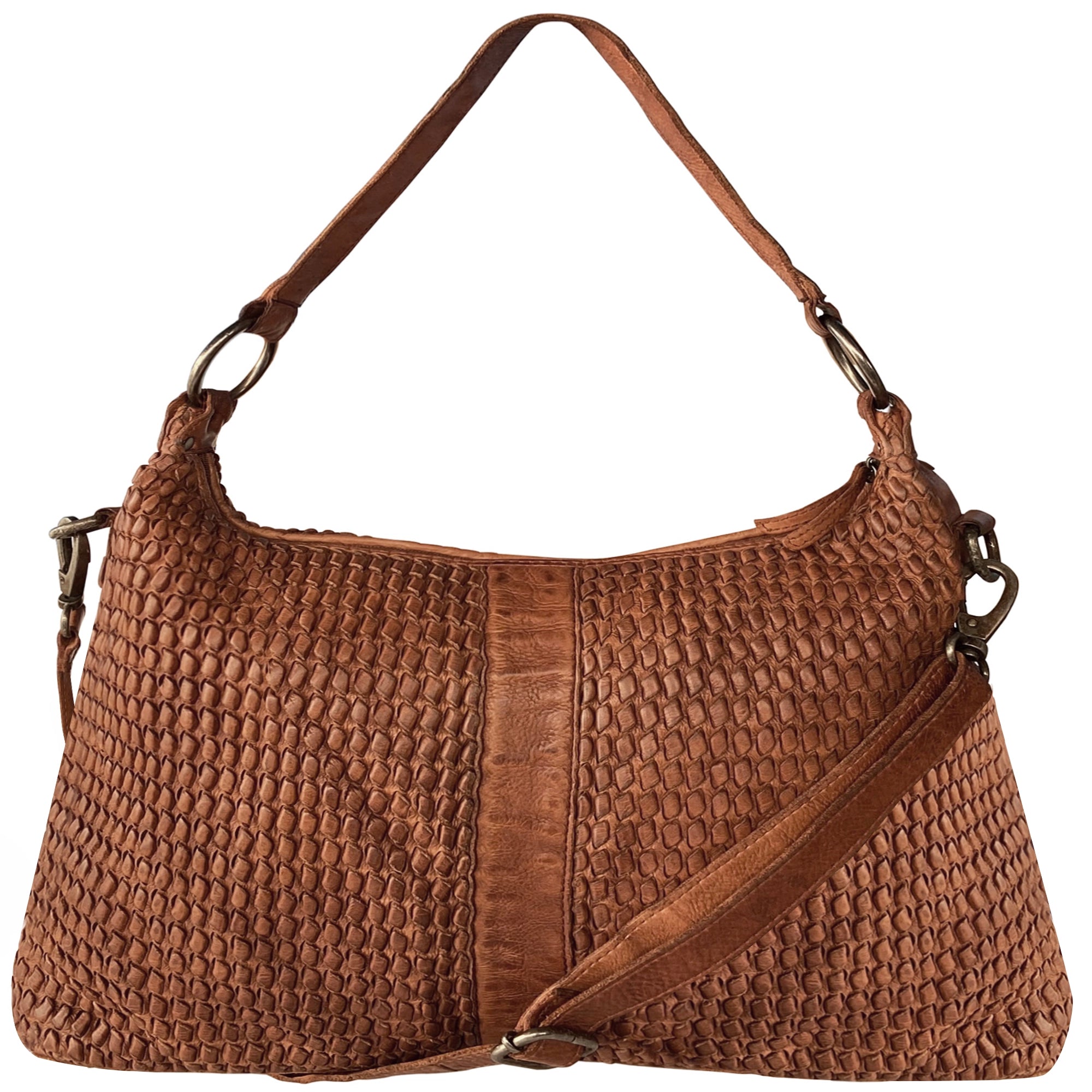 Leather Hand-Woven Tote Shoulder Bag for Women, Cognac