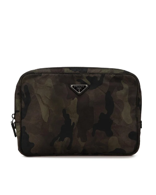 Nylon Camouflage Canvas Clutch Bag with Triangle Logo Plate