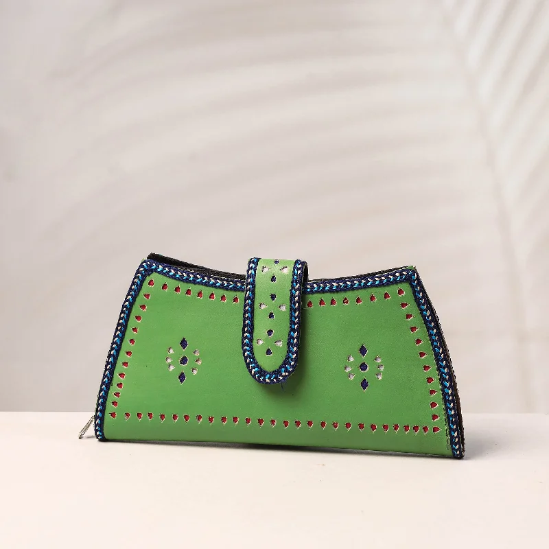 Durable And Fashionable Bags For Daily Use Green - Handcrafted Kutch Leather Clutch / Wallet