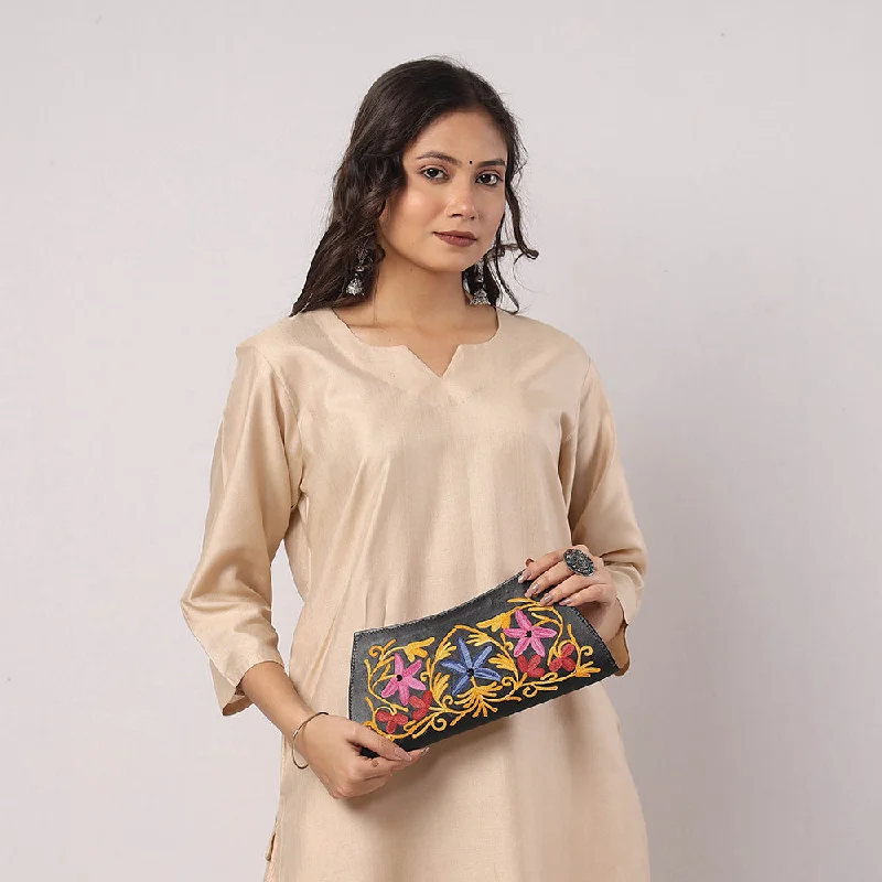 Grey - Original Chain Stitch Embroidery Leather Clutch