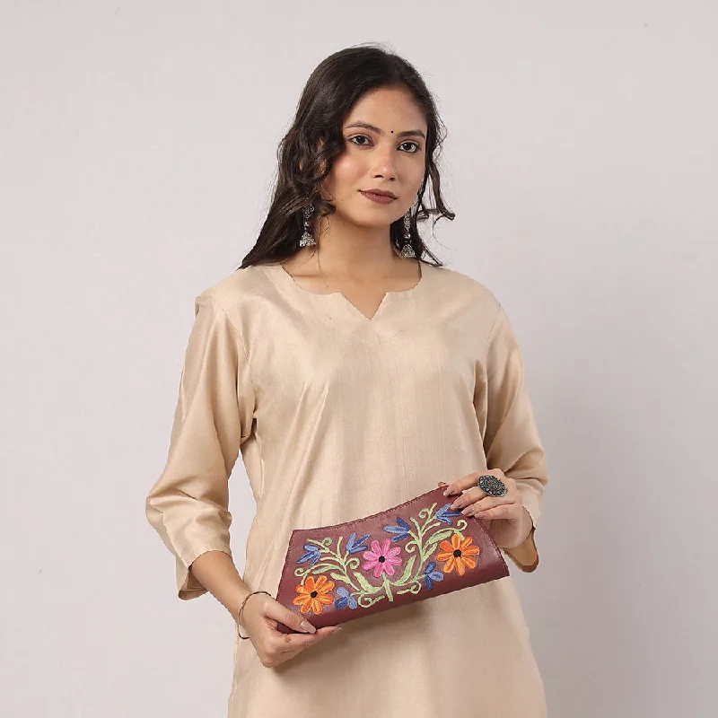 Brown - Original Chain Stitch Embroidery Leather Clutch