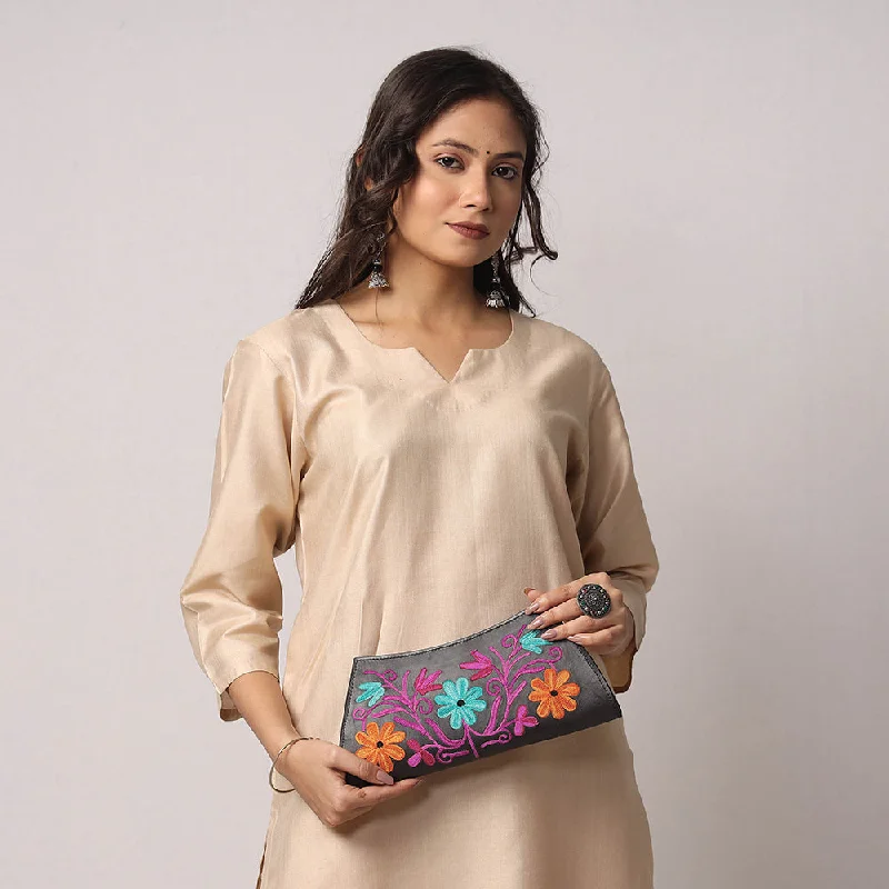 Grey - Original Chain Stitch Embroidery Leather Clutch