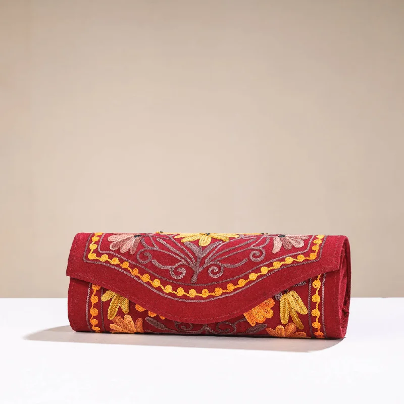 Maroon - Original Chain Stitch Crewel Embroidery Velvet Clutch