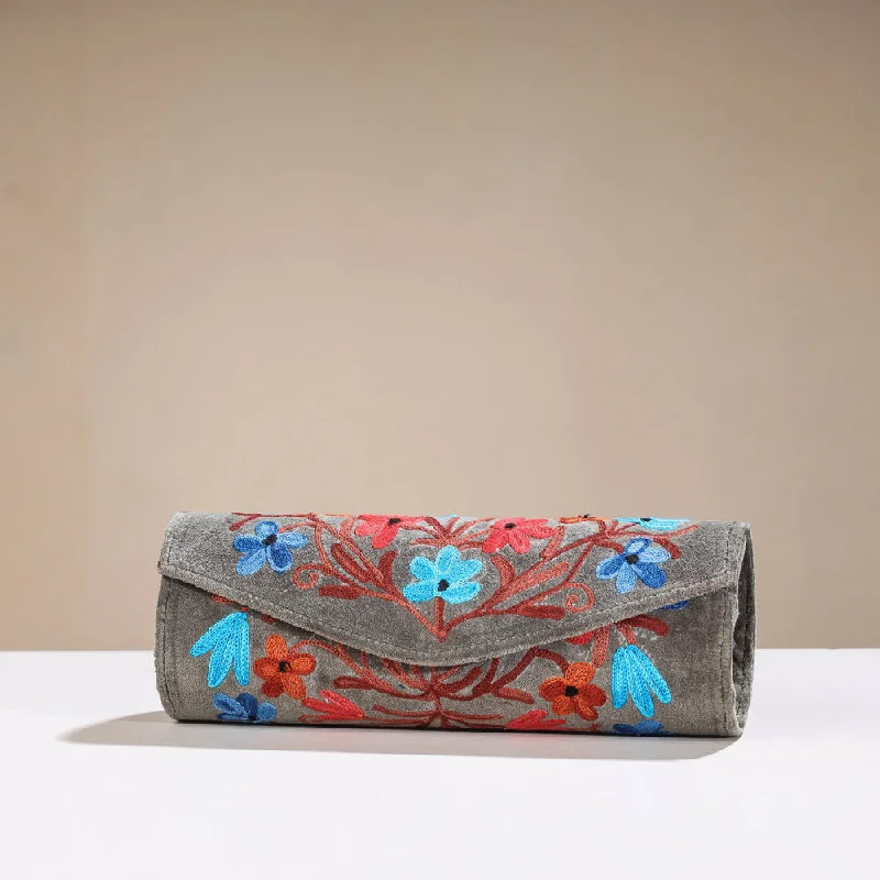 Grey - Original Chain Stitch Crewel Embroidery Velvet Clutch