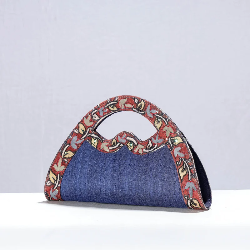 Blue - Handpainted Kalamkari Natural Dyed Ghicha Silk Hand Clutch Bag