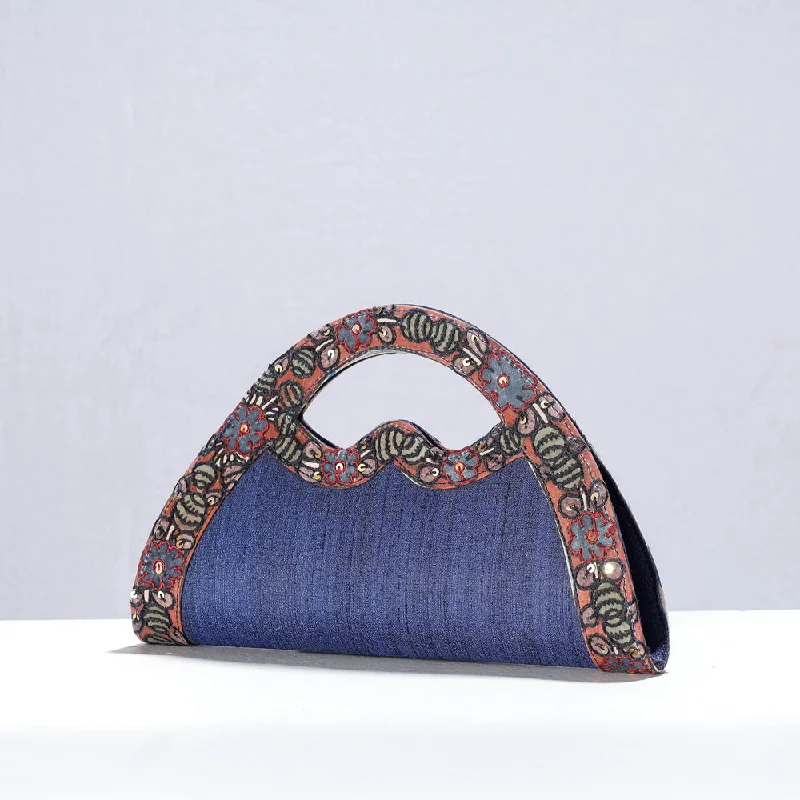 Blue - Handpainted Kalamkari Natural Dyed Ghicha Silk Hand Clutch Bag