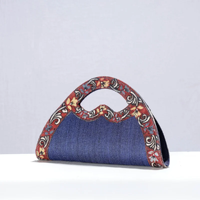 Blue - Handpainted Kalamkari Natural Dyed Ghicha Silk Hand Clutch Bag