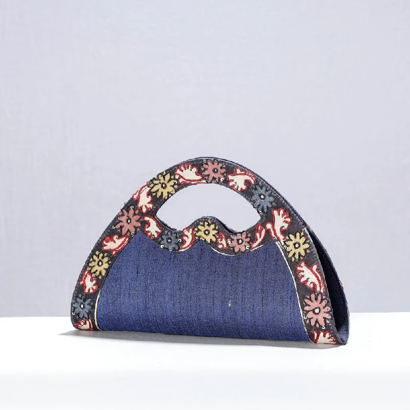 Blue - Handpainted Kalamkari Natural Dyed Ghicha Silk Hand Clutch Bag