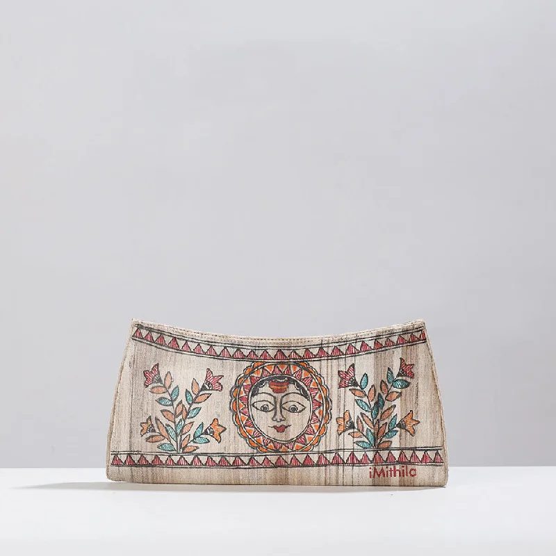 Beige - Madhubani Handpainted Tussar Silk Clutch