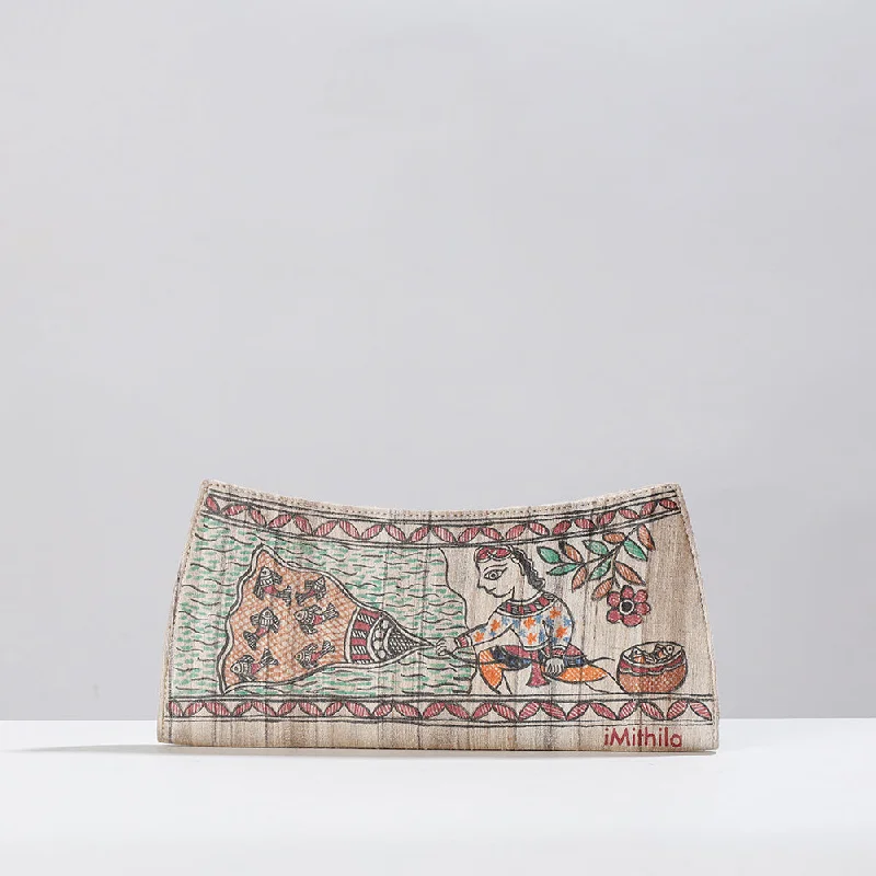 Beige - Madhubani Handpainted Tussar Silk Clutch