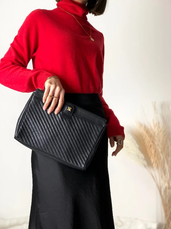 Cozy Handbags With Clearance Prices CELINE Blason Logo Leather Clutch bag Black Vintage pe27i6