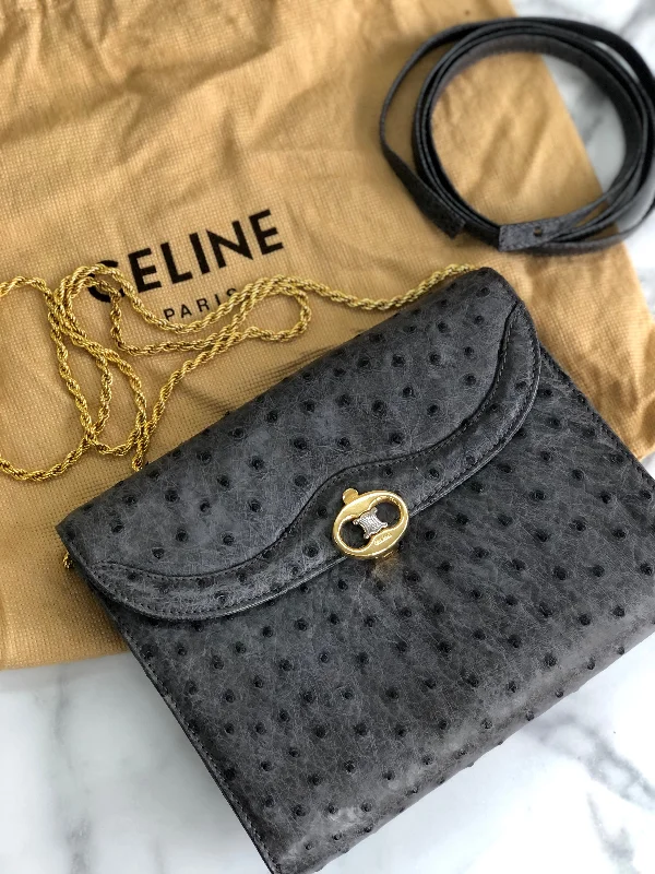 CELINE Blason Triomphe Ostrich Two way Chain Shoulder Bag Clutch bag Gray Old Celine Vintage vybyhv