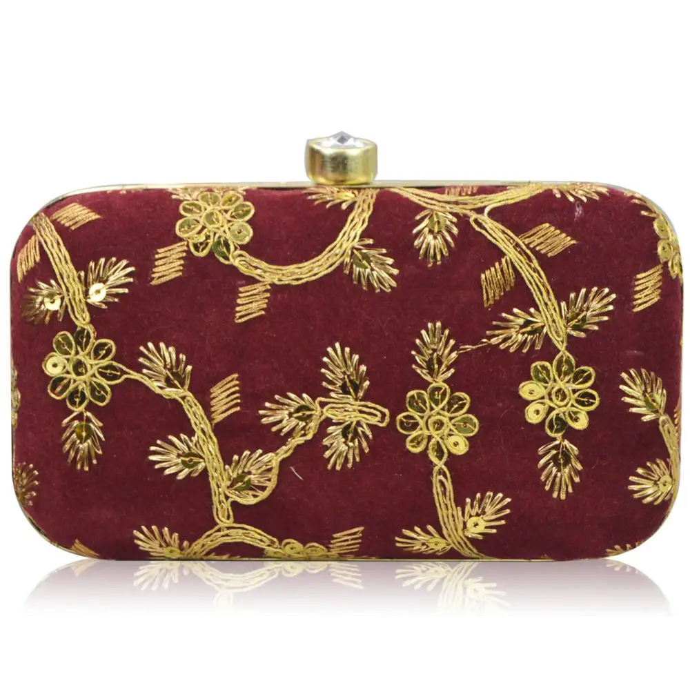 Elegant And On-Sale Evening Bags Fabulous Maroon Velvet Self Pattern Clutches For Women And Girls