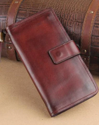 Genuine Leather Mens Cool Biker Chain Wallet Long Leather Wallet Slim Clutch Wristlet Wallet for Men