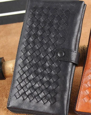 Genuine Leather Mens Cool Braided Wallet Long Leather Wallet Clutch Wristlet Wallet for Men